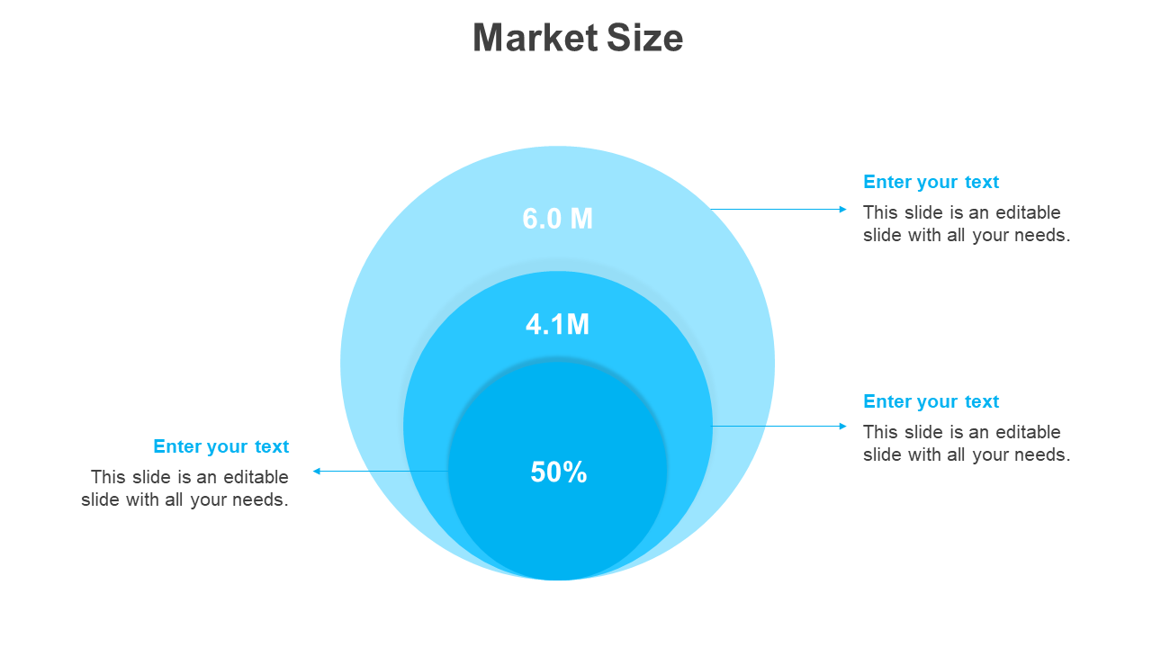 Market size diagram showing three concentric circles with 6.0M, 4.1M, and 50 percent market segments, with text placeholders.