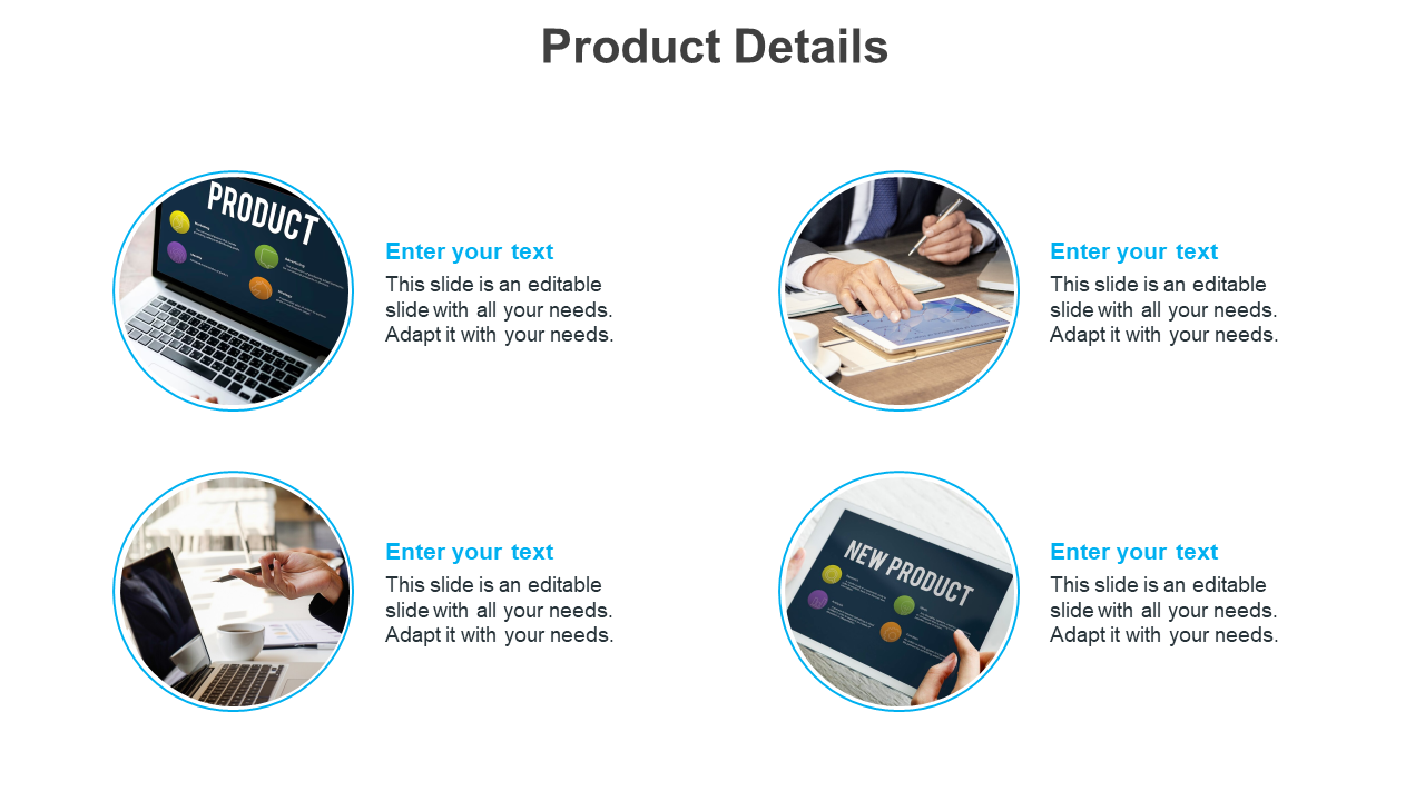 PowerPoint slide featuring four sections with images of product details on laptops, tablets, and notebooks, with text.
