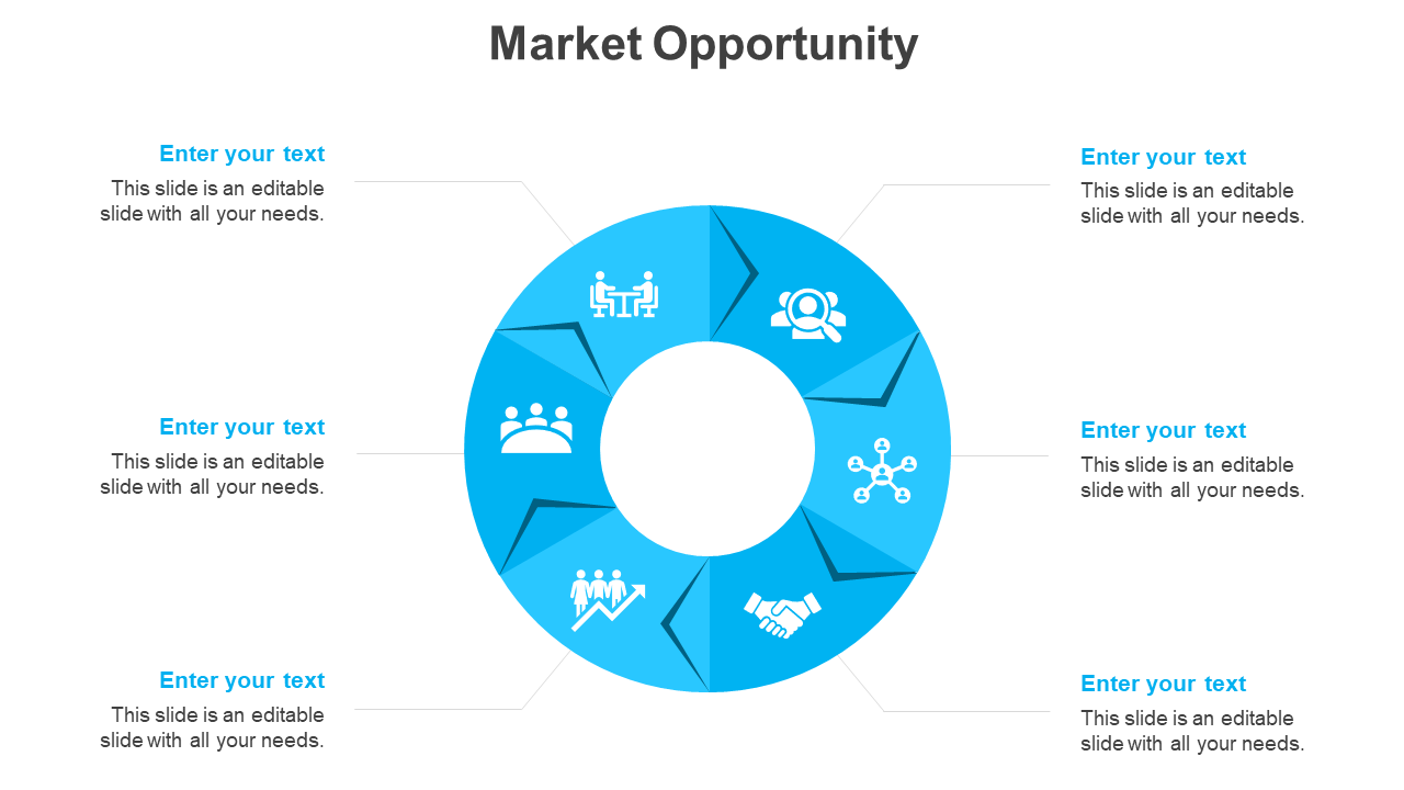 PowerPoint slide featuring a blue circular diagram with sections for market opportunity, each with icons on a white theme.