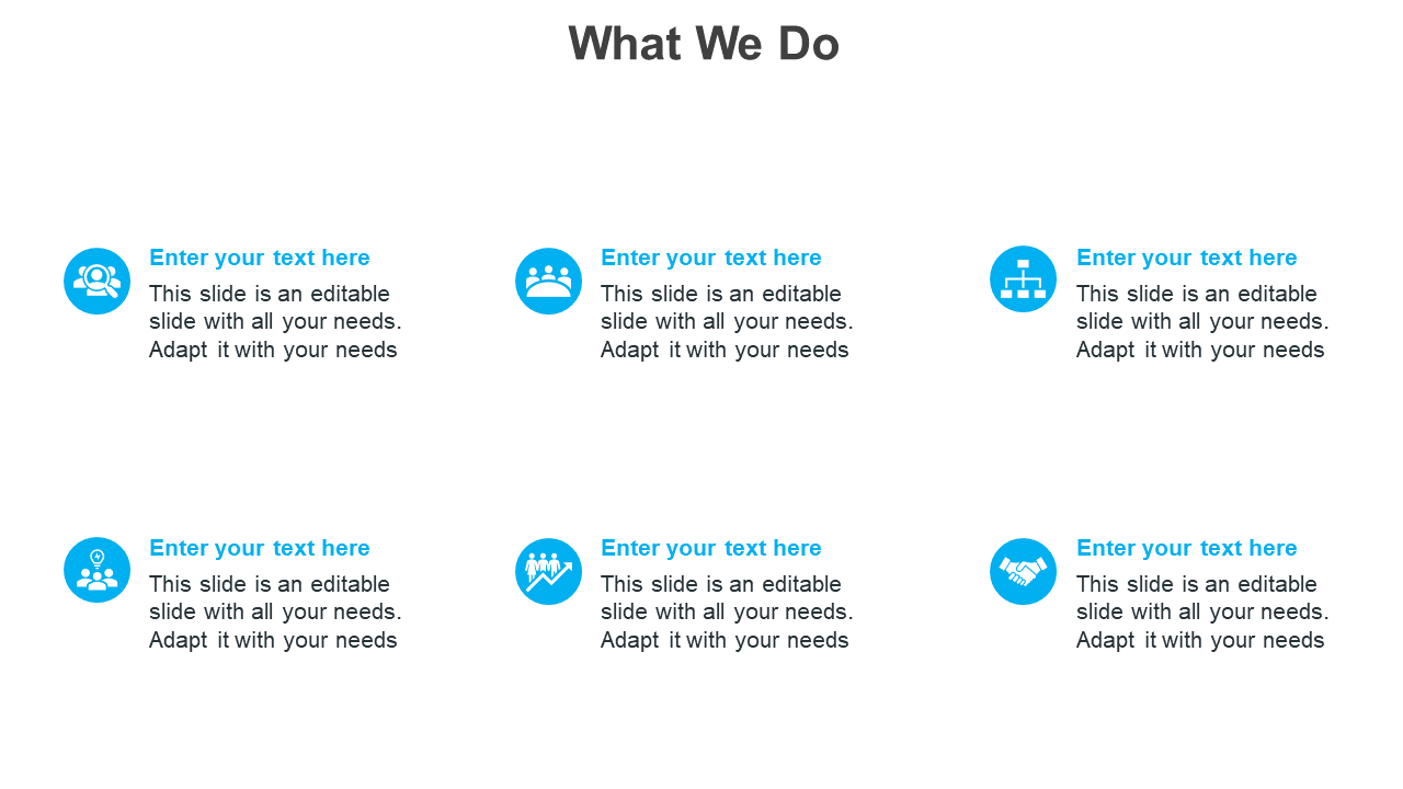 Slide showcasing a layout with icons for different aspects of business, with blue icons and descriptions on a white theme.