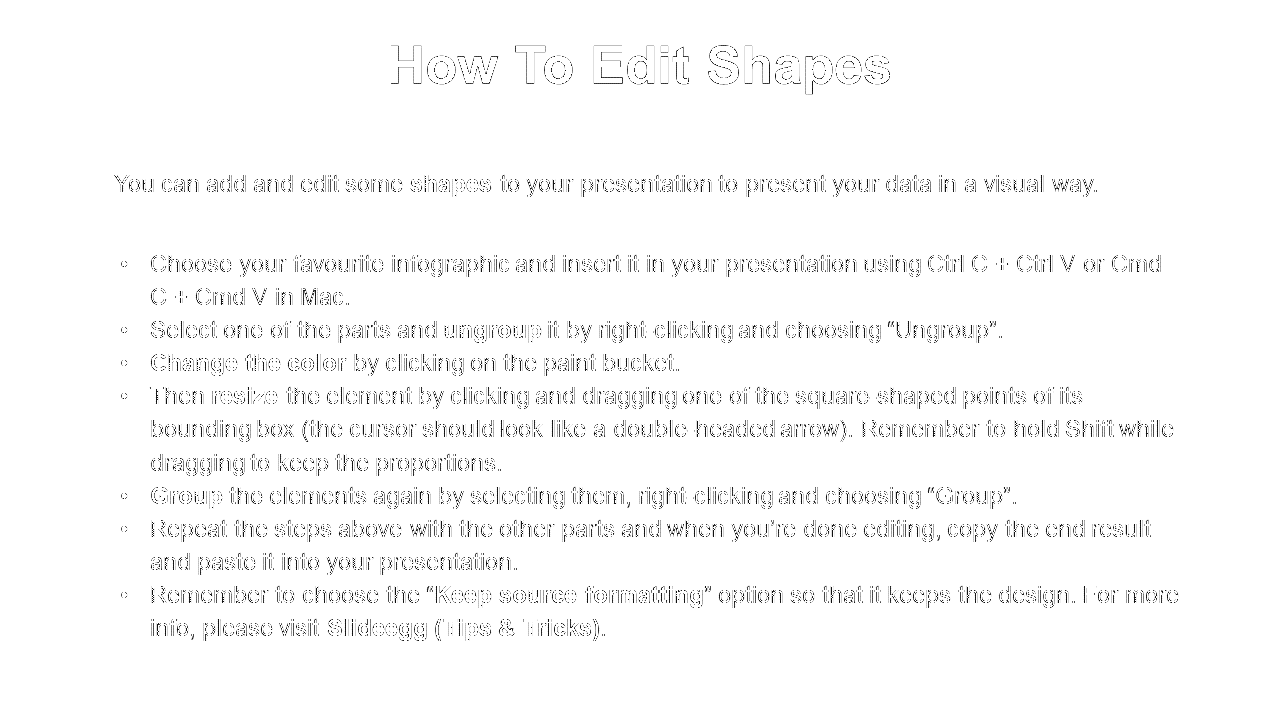 A guide on editing shapes in PowerPoint, explaining how to ungroup, resize, change color, and group elements.