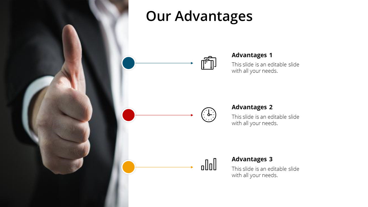 Our Advantages slide with hand giving a thumbs up, two arrows pointing to icons, and descriptions of advantages.