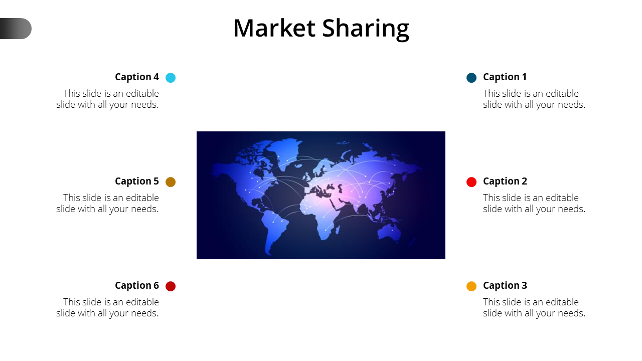 Market Sharing slide featuring a world map with network connections and six caption sections on a white backdrop.