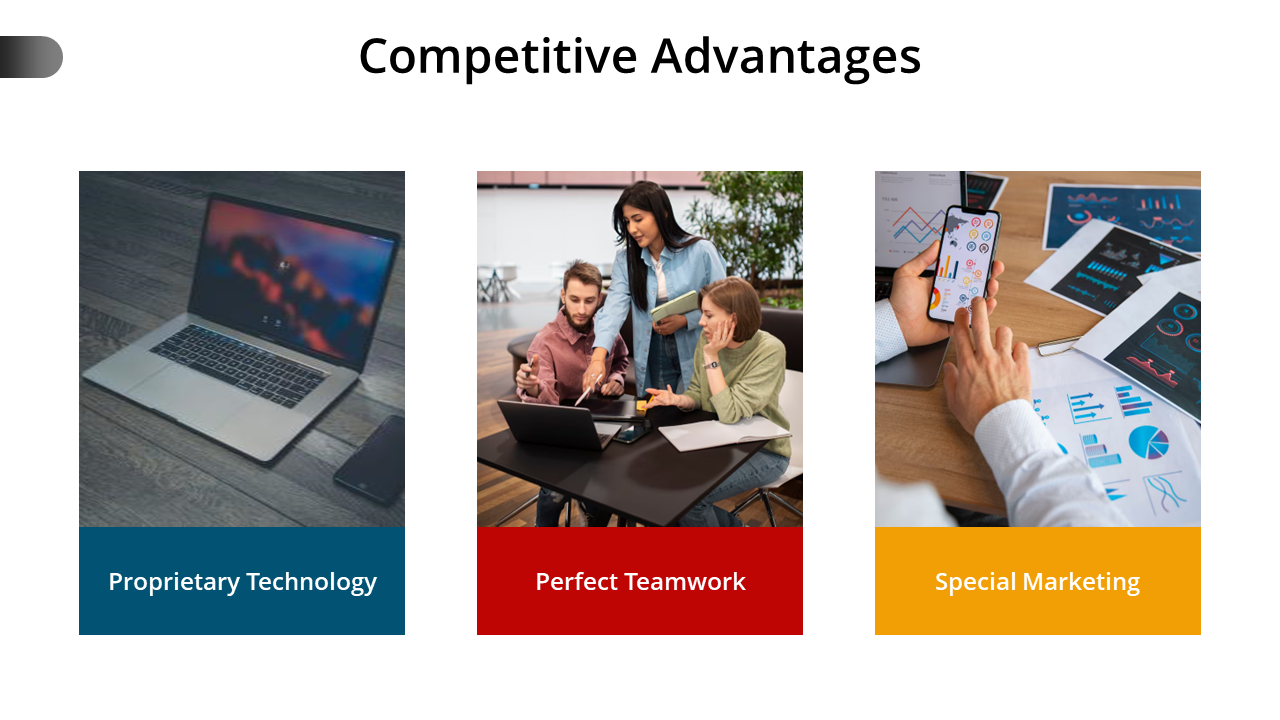 Competitive advantages slide with three sections each with corresponding images on a white backdrop.