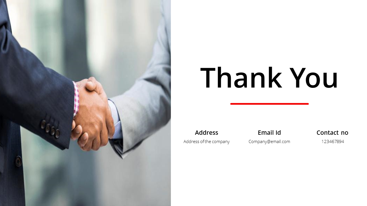 Thank You slide with a handshake image on the left, and company details including address, email, and contact number.