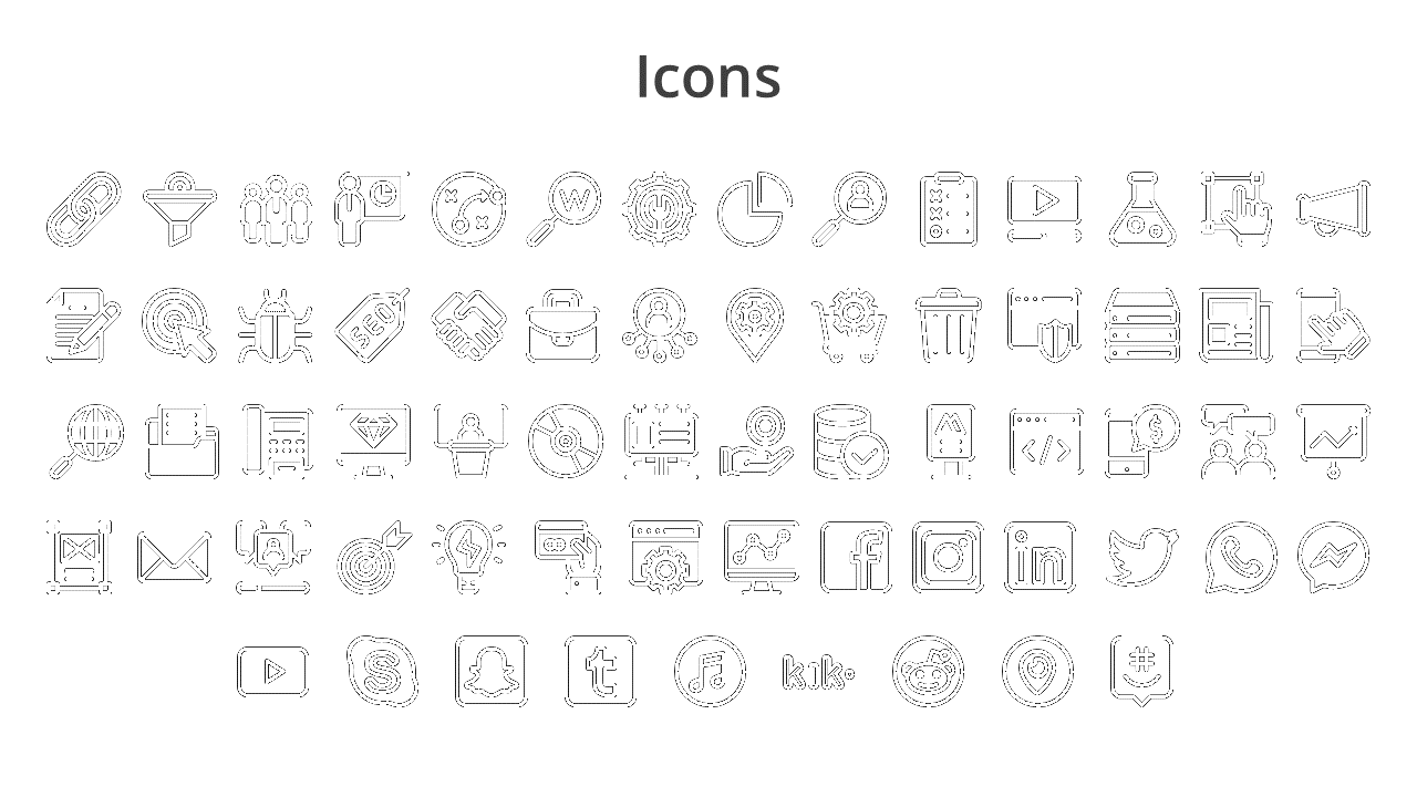 A grid of icons related to business and technology, including symbols for SEO, social media, marketing, and communication.