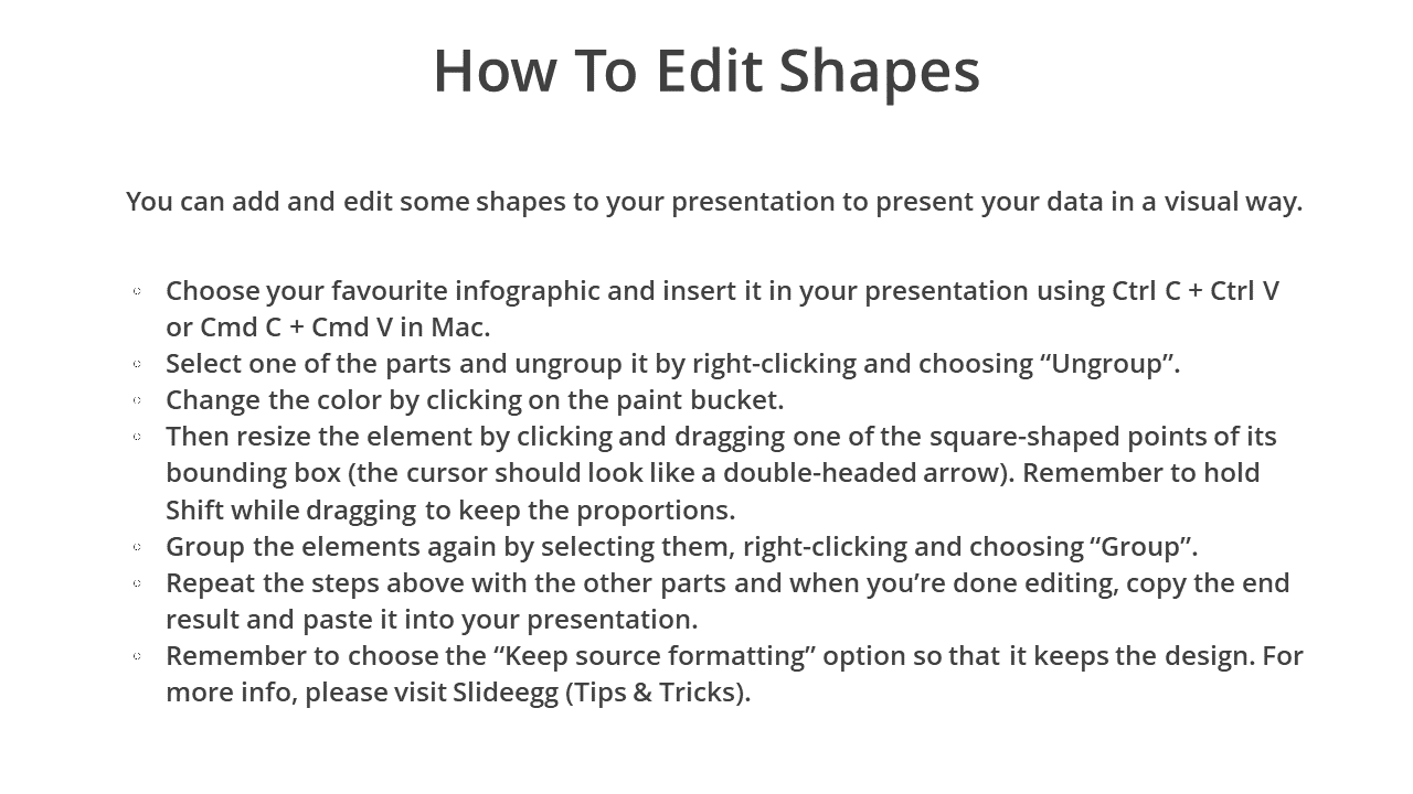 Instructions for editing shapes in a presentation, detailing steps for ungrouping, resizing, and grouping elements.