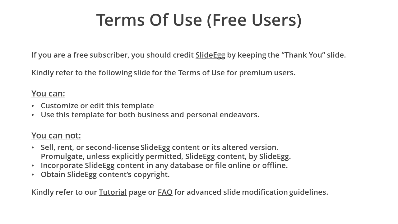 Terms of Use for free SlideEgg users, including details on customization, usage, and restrictions on a white backdrop.