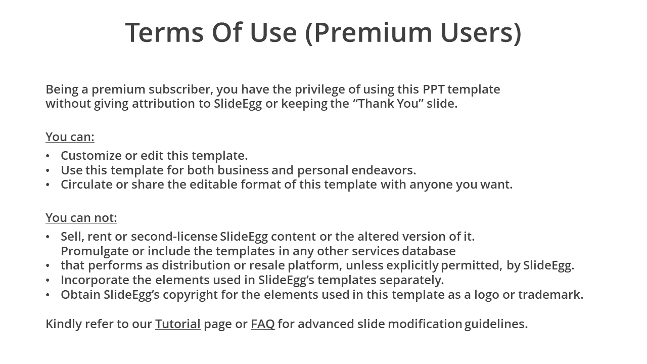 Terms of Use for premium SlideEgg users, explaining the privileges of customizing templates on a white backdrop.
