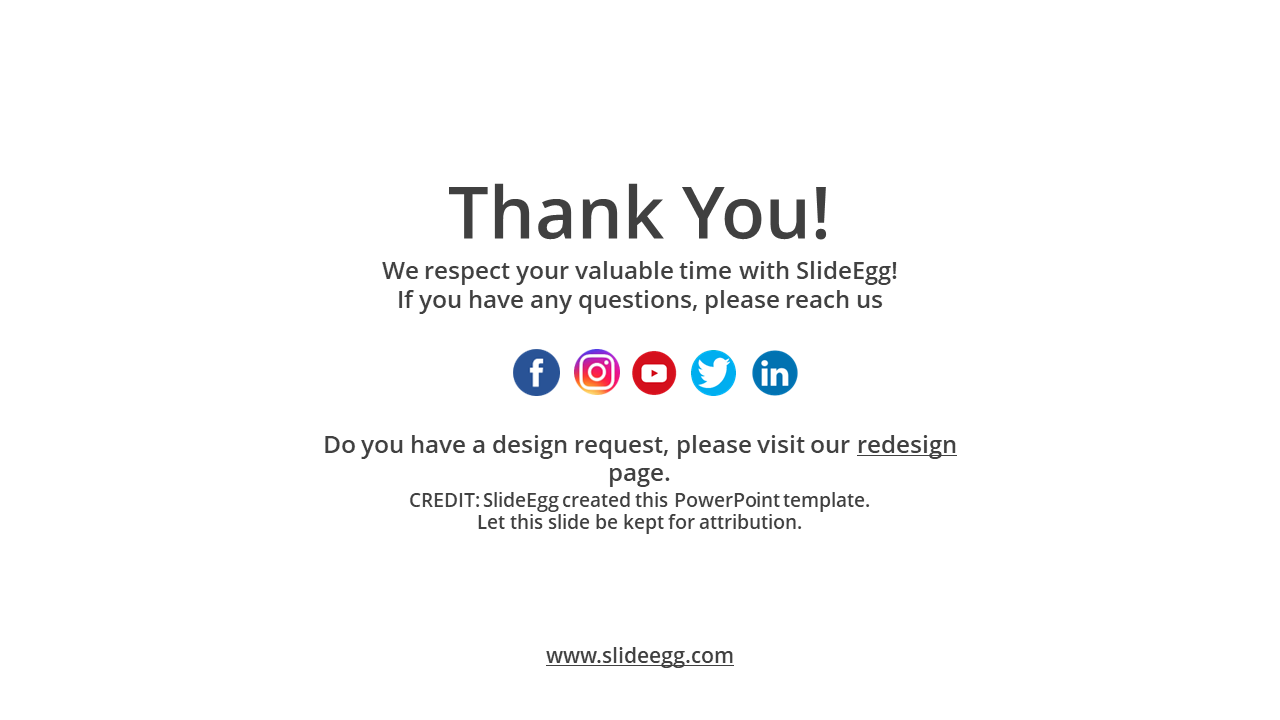 Thank You slide with SlideEgg logo, social media icons and a link to the redesign page on a white backdrop.