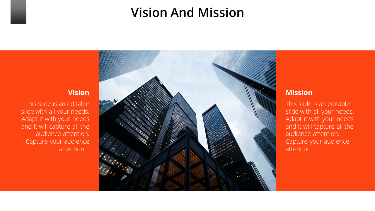 A slide showing Vision and Mission with an orange background for each section and a cityscape photo in the Vision section.