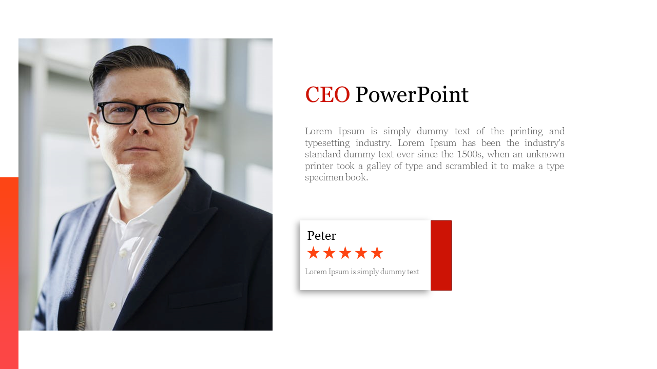 PPT slide featuring a CEO image, a description of the role, and a 5 star rating card for a person named Peter with text.