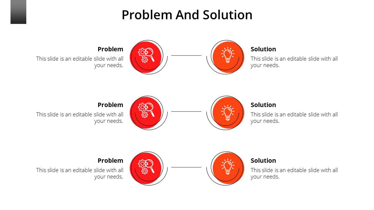 PowerPoint slide shows three pairs of red circular icons, with Problem and Solution sections, each containing text.