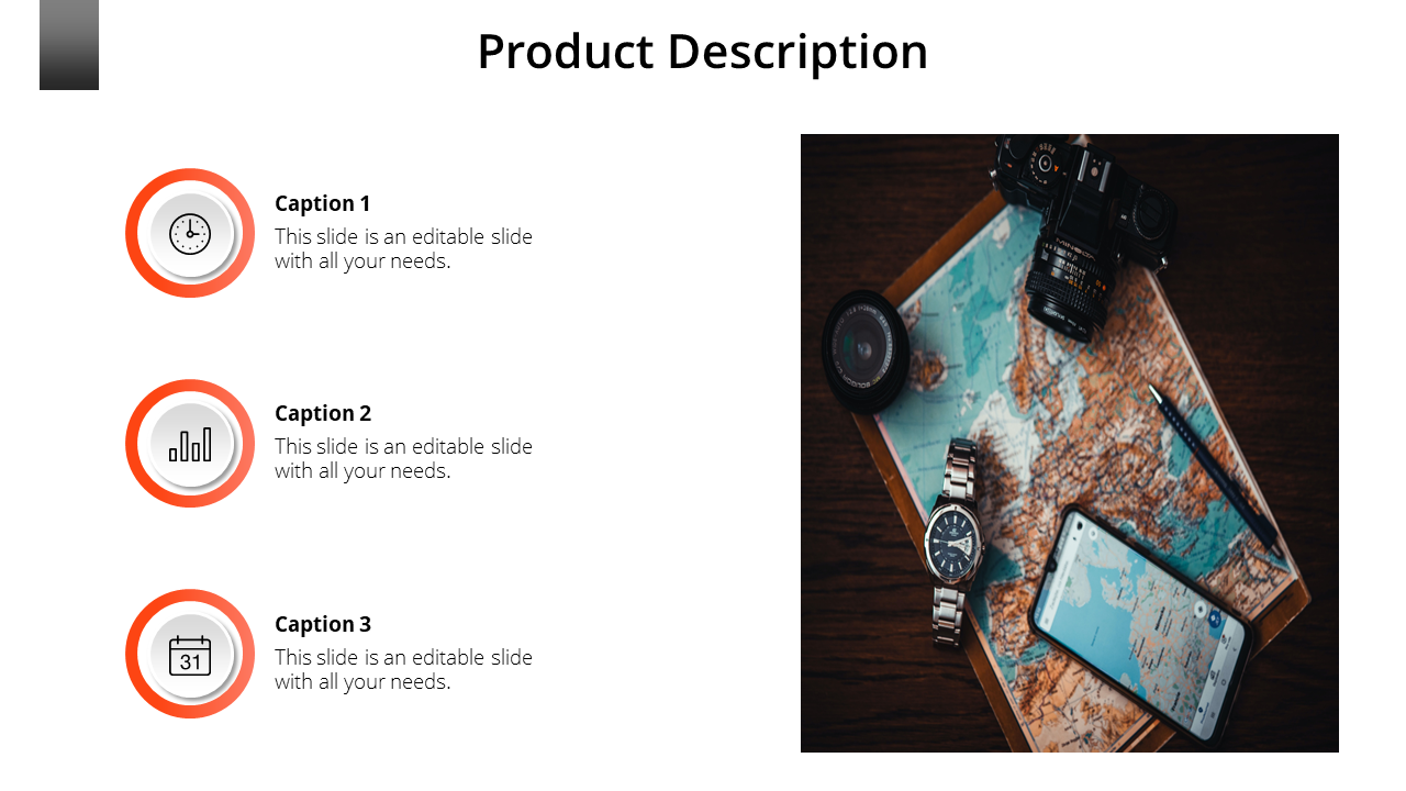 Product description slide with 3 circular icons, beside an image of a watch, camera, and map on a white backdrop.