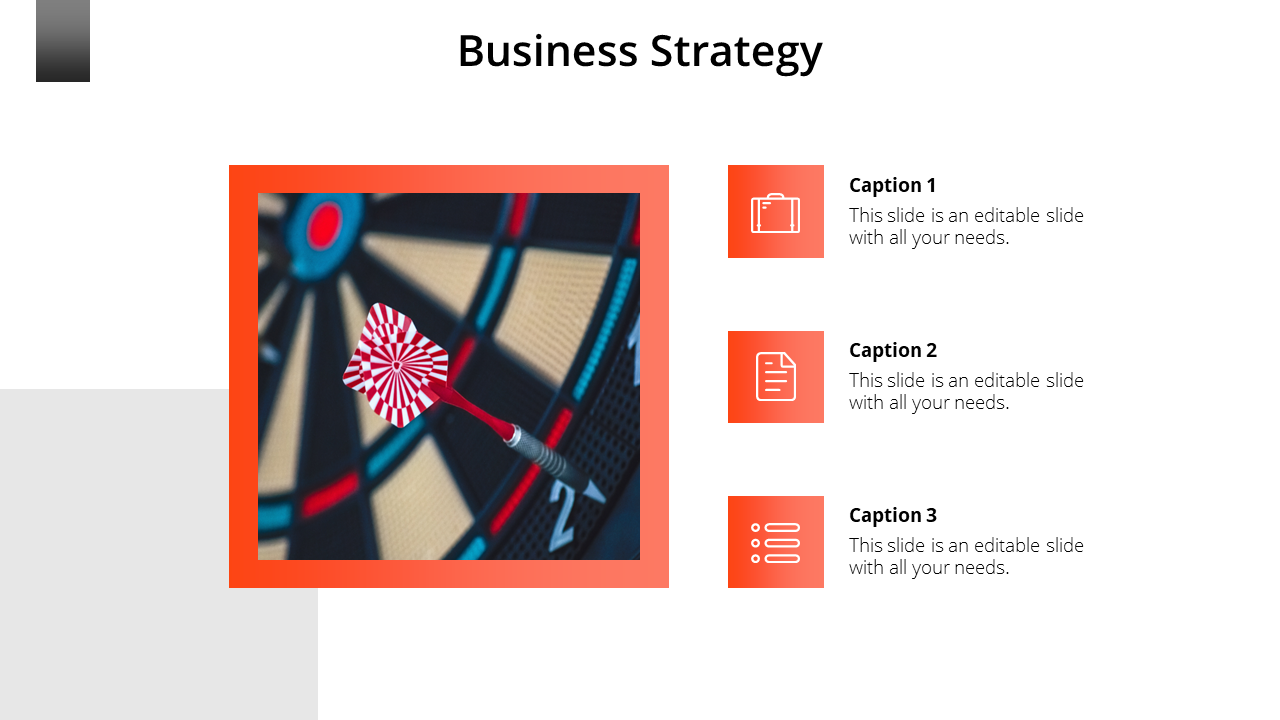 Business strategy slide with a dartboard and a dart hitting the center target with three orange icons on a white backdrop.
