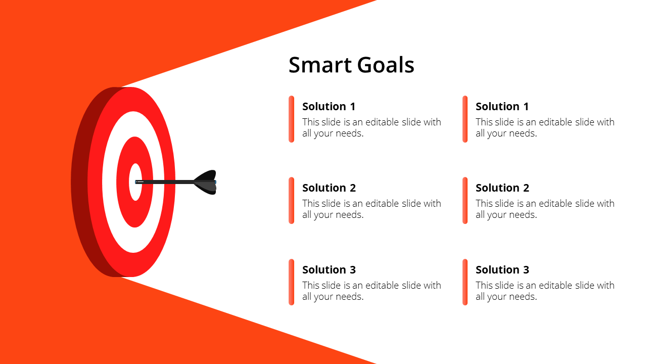 Smart goals slide featuring a dart hitting the center of a target with solution sections on a white and orange backdrop.