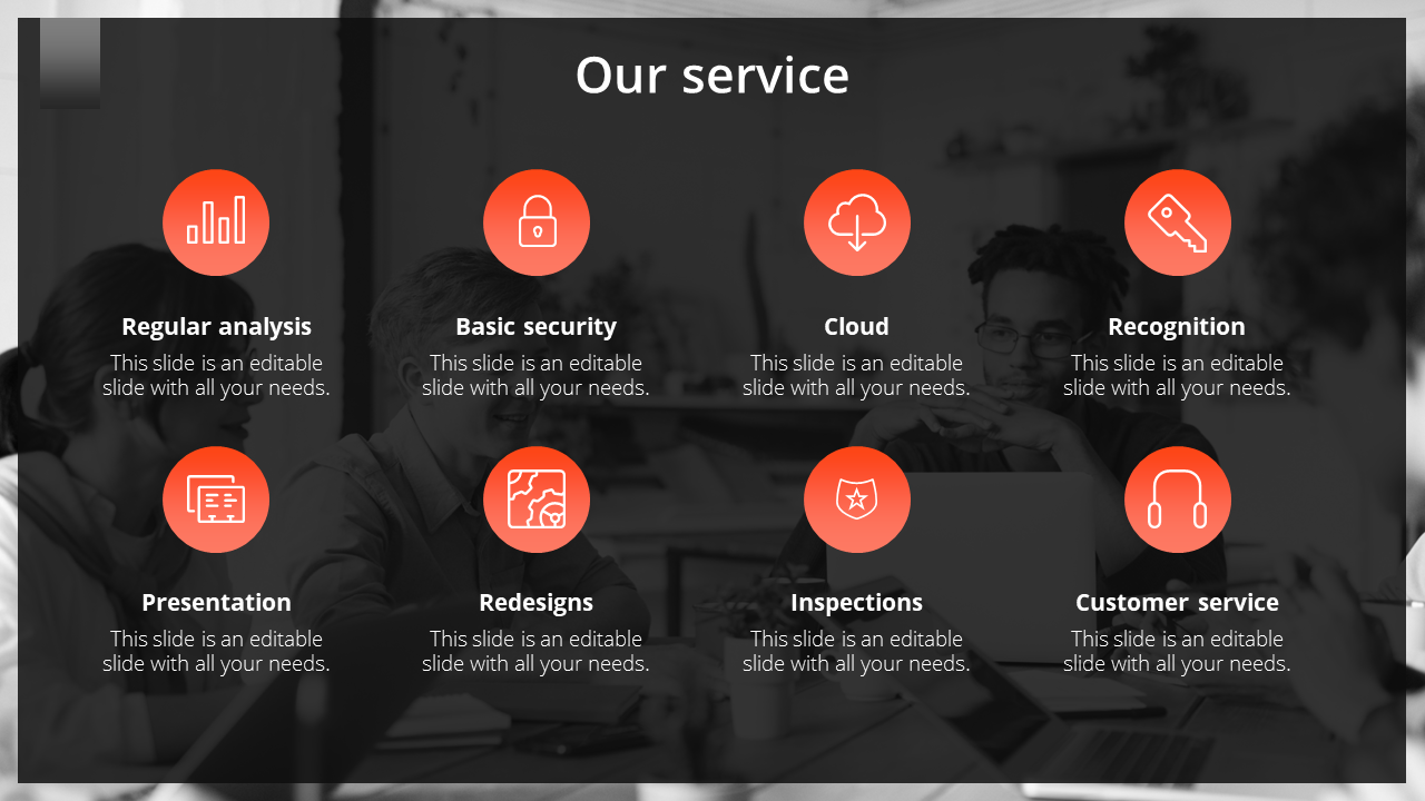 Service offerings slide displaying nine orange icons with brief descriptions below on a dark backdrop.