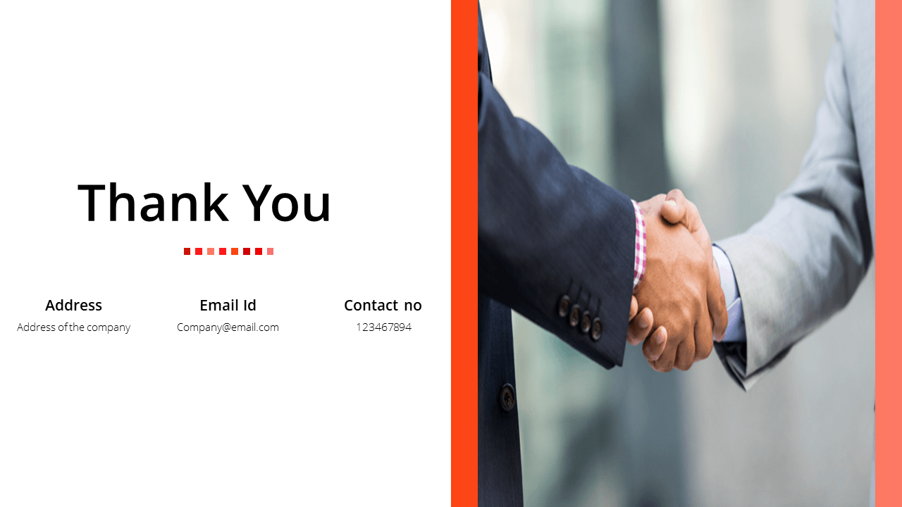 Thank you slide with contact information, including company address, email, and phone number, with an image of a handshake.