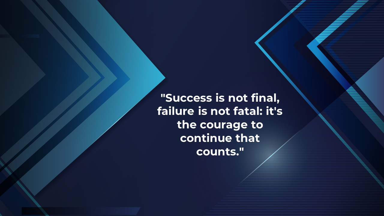 Abstract blue and dark background with sharp geometric shapes, featuring the motivational quote.