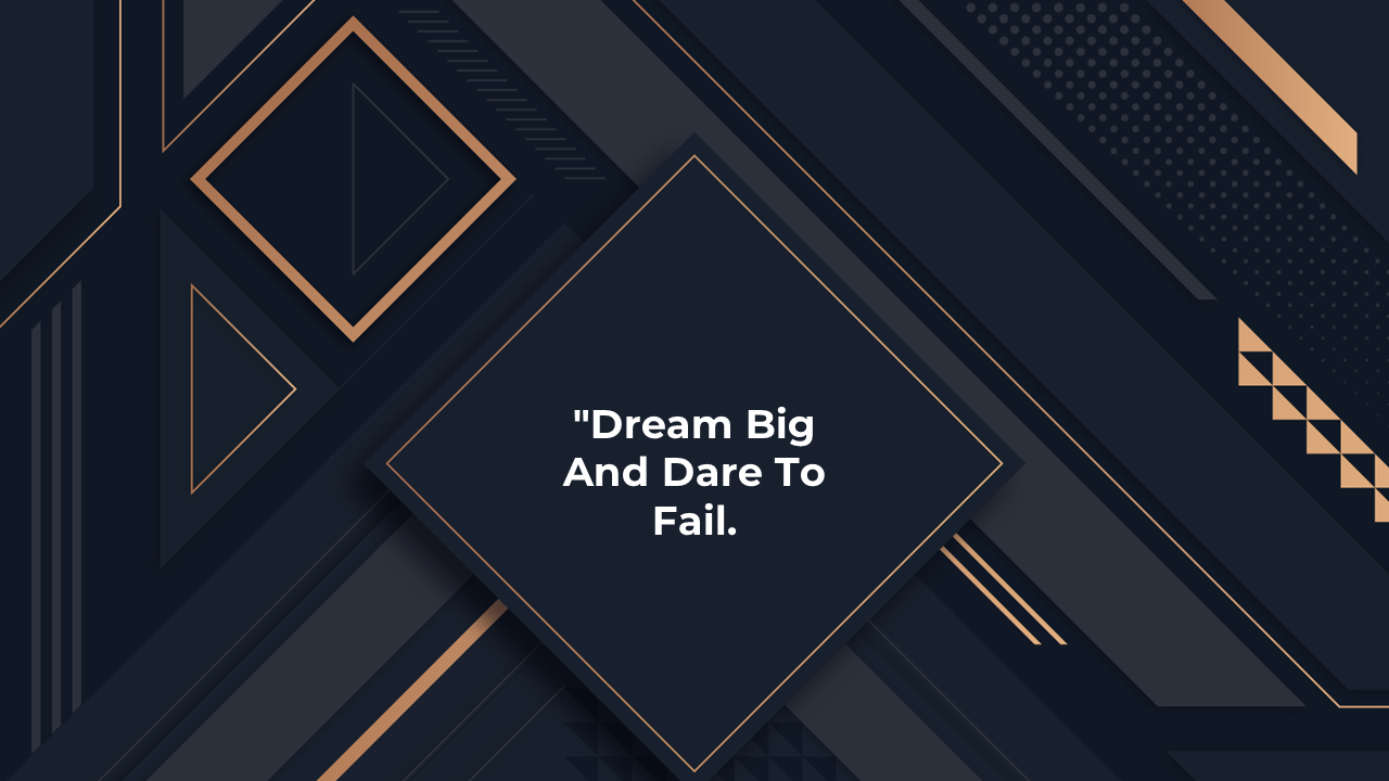 Dark abstract background with geometric shapes and golden accents, featuring the quote.