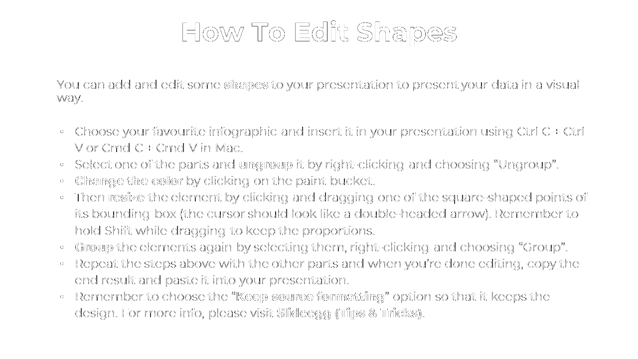 Instructions for modifying shapes in PowerPoint, with steps on ungrouping, resizing, and re grouping shapes.