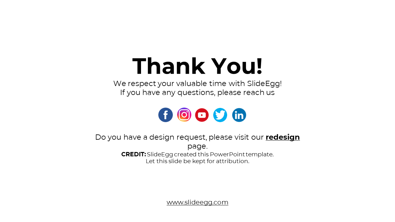 Thank you slide from SlideEgg with a credit statement, social media links, and a call to visit the redesign page.