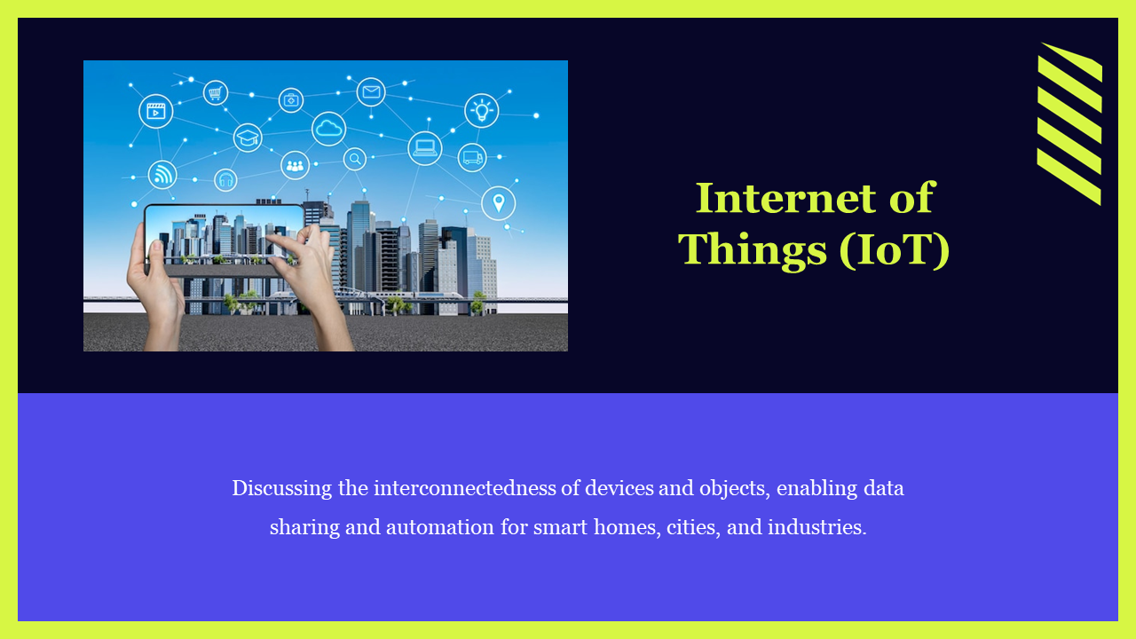 Internet of Things presentation slide featuring a hand holding a phone displaying connected icons over a smart city skyline.