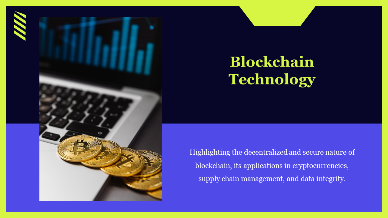 Slide showcasing blockchain technology, with Bitcoin cryptocurrency coins on a laptop and a digital graph on the screen.