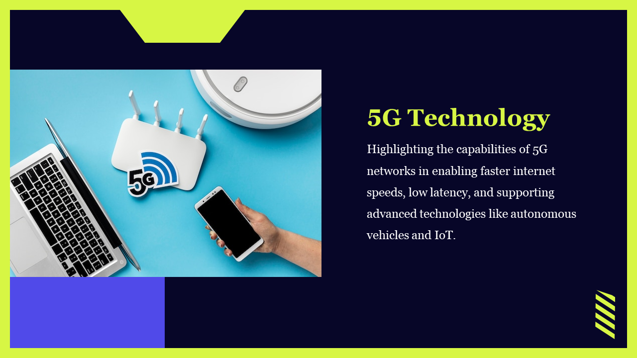 5G network concept with a smartphone, router, and laptop, highlighting the capabilities on a dark backdrop in a green border.
