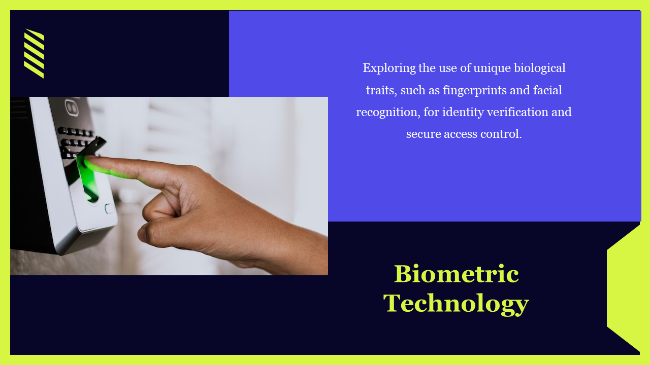 Dark biometric technology slide showing a hand scanning a fingerprint for secure access control and identity verification.
