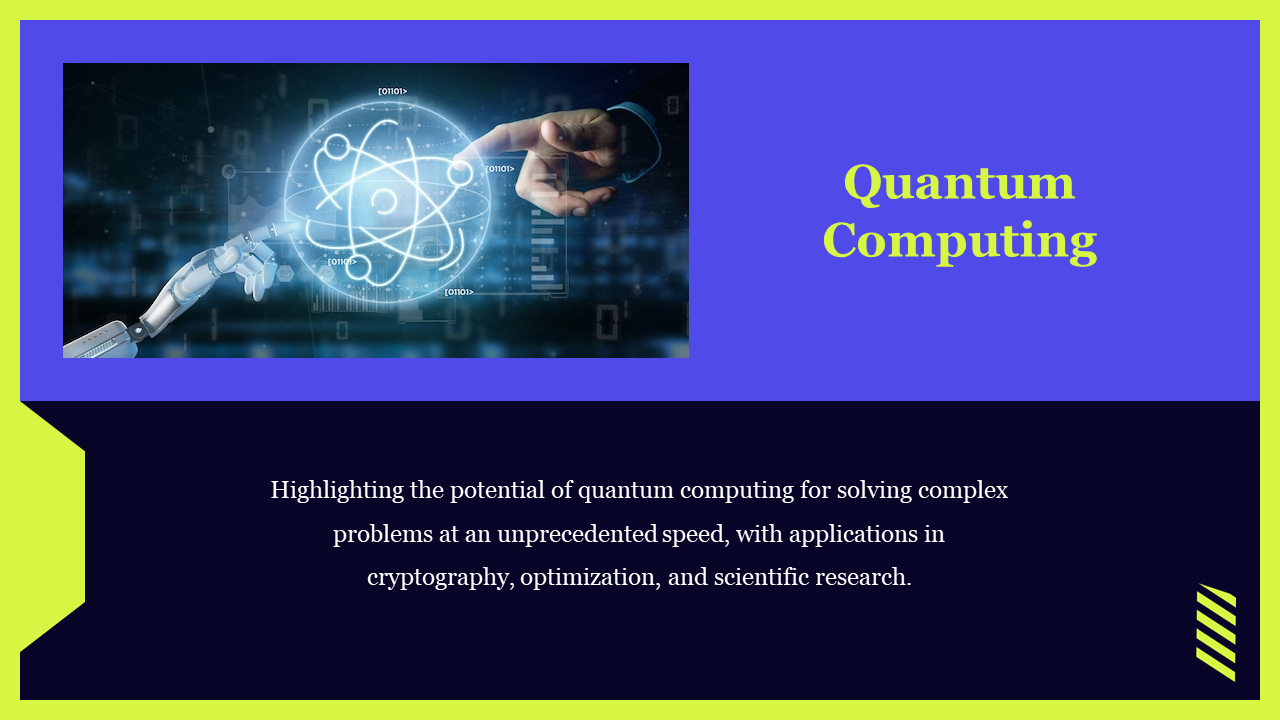 Quantum computing slide showing a robot and human hand interacting with a glowing atom symbol in a blue and black backdrop.