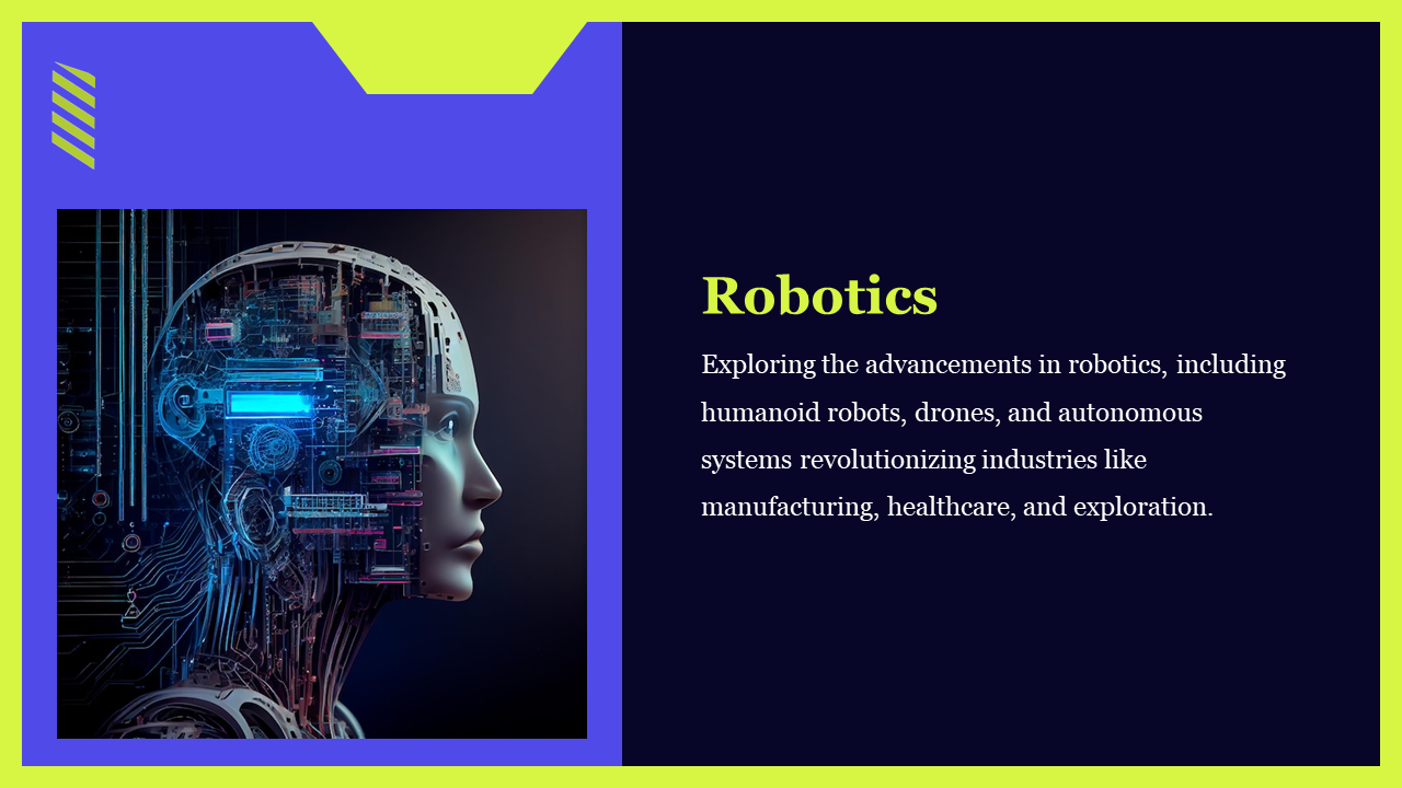 Slide showcasing a futuristic humanoid robot with glowing circuit patterns on a blue and black backdrop.