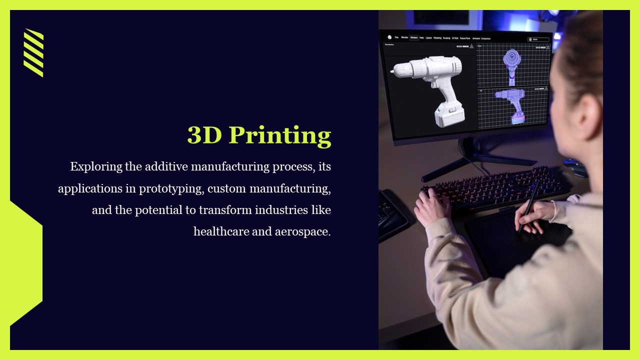 A person working with 3D printing software to create a product prototype, highlighting its role on a dark backdrop.
