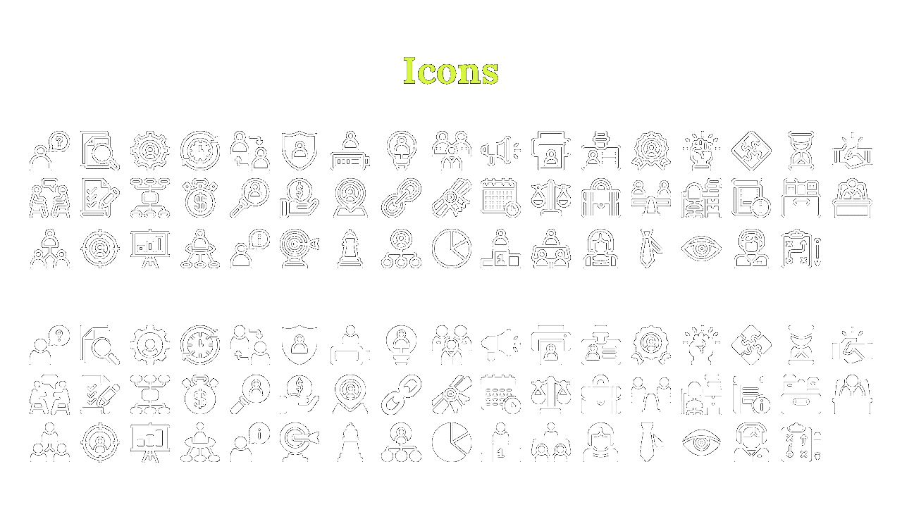 A collection of black and white icons representing various business concepts, including strategy, and data visualization.