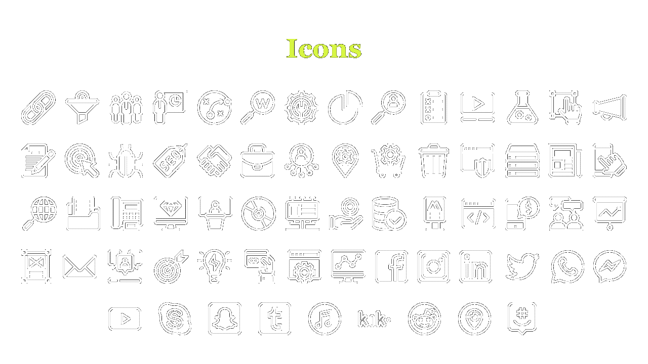 Collection of minimalist icons representing digital tools, communication, security and business operations in a sleek design.