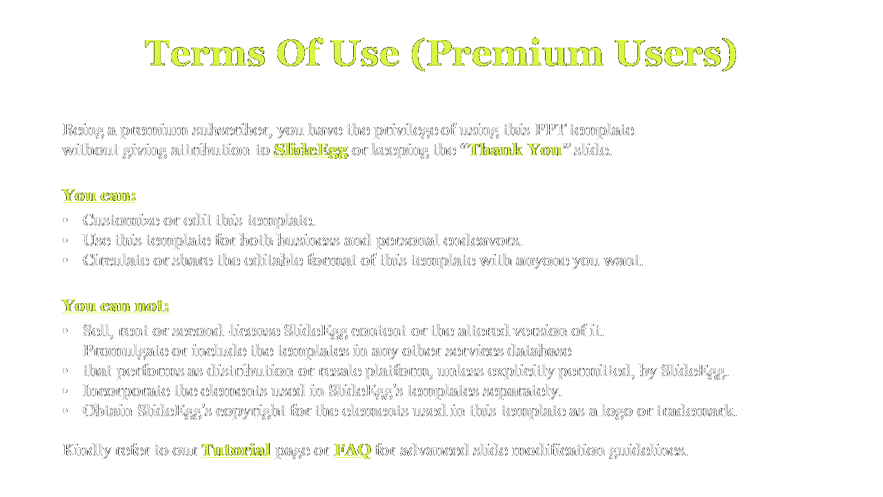 Terms of use for premium SlideEgg users, explaining the rights to edit, share, and distribute the template.