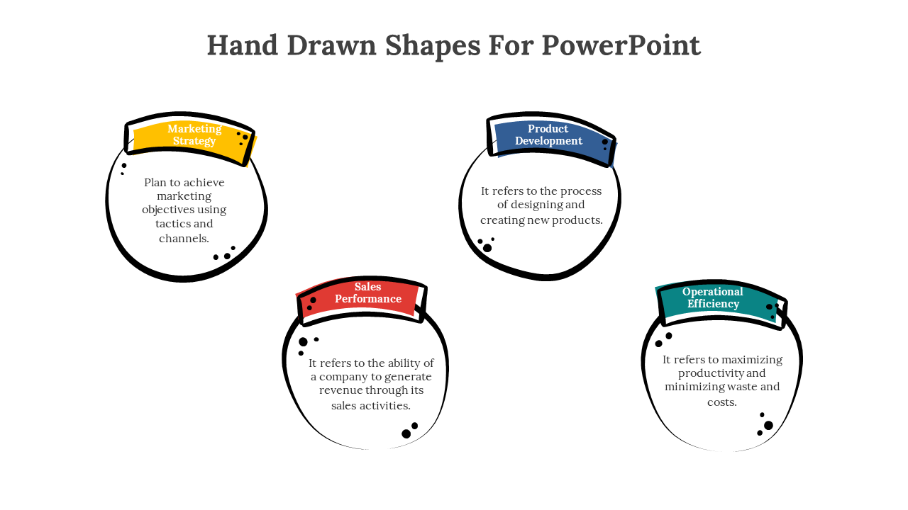 Hand drawn shapes for PowerPoint showing circular icons with descriptions on a white backdrop.
