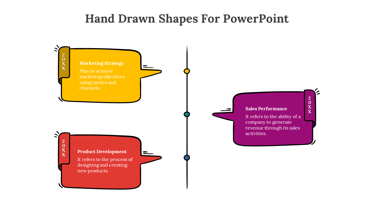 Hand drawn shapes for PowerPoint featuring colorful speech bubble icons with descriptions on a white backdrop.