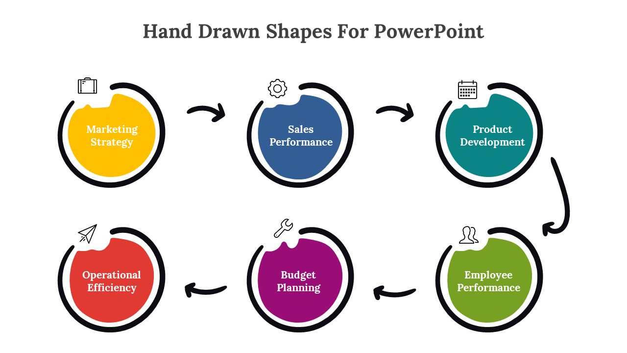 Hand drawn shapes for PowerPoint featuring color coded circular icons on a white backdrop.