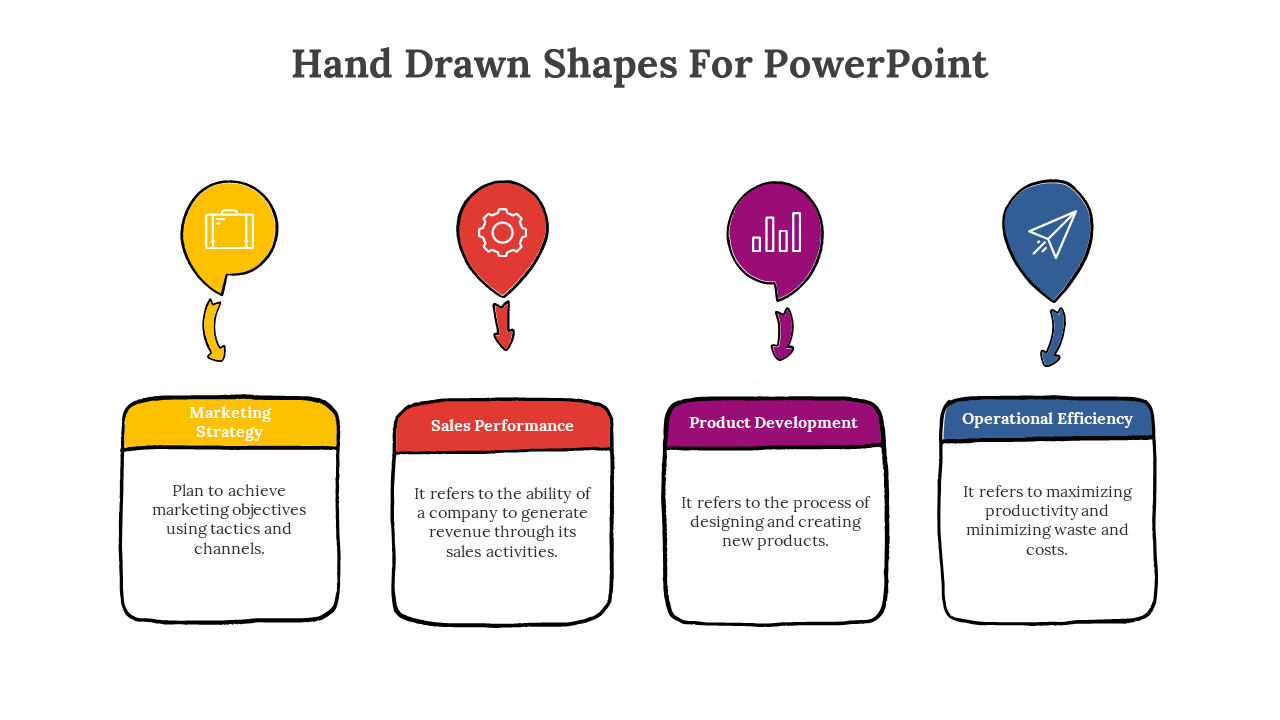 Hand drawn shapes for PowerPoint showing colorful speech bubbles with descriptions on a white backdrop.