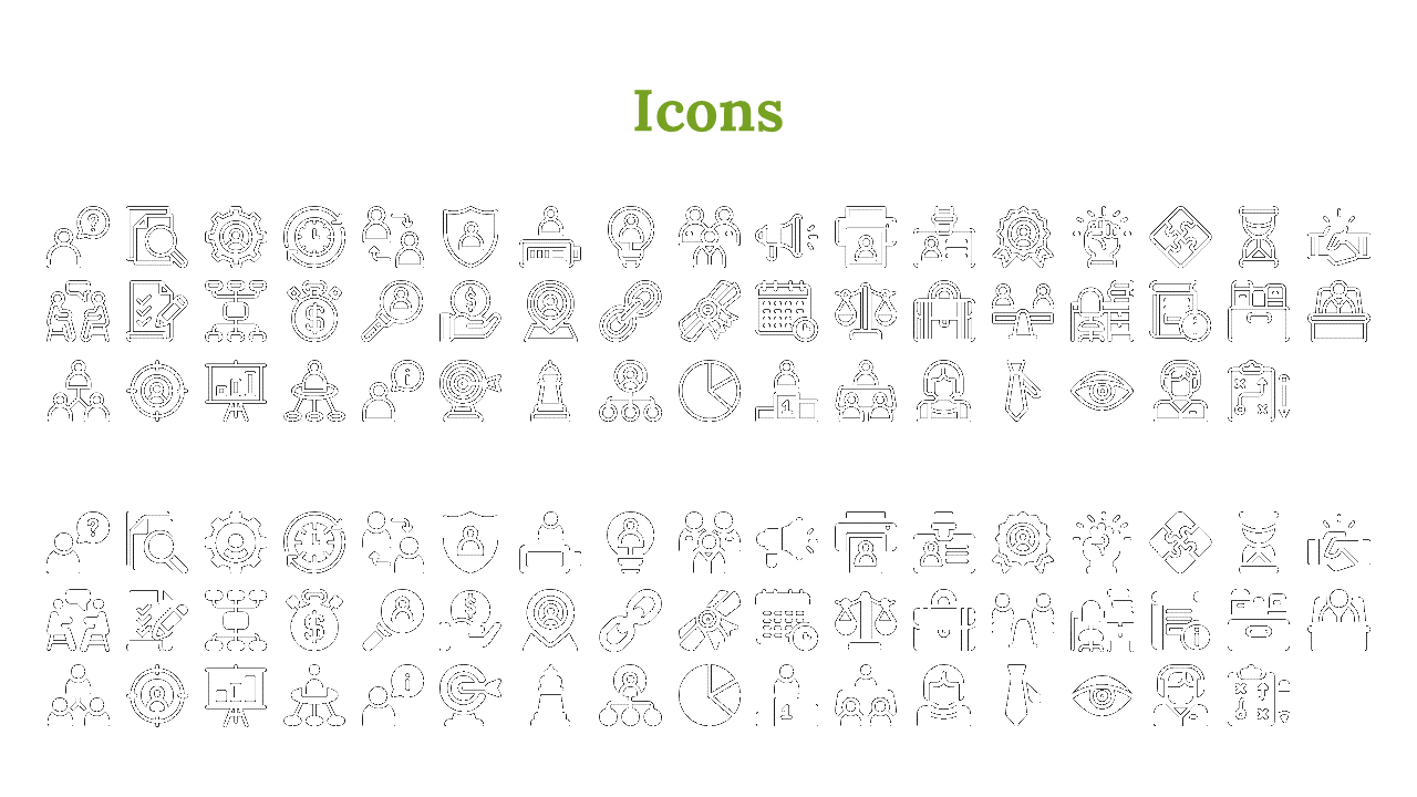 A set of business and productivity icons including symbols for people, time, tasks, and communication, arranged in two rows.