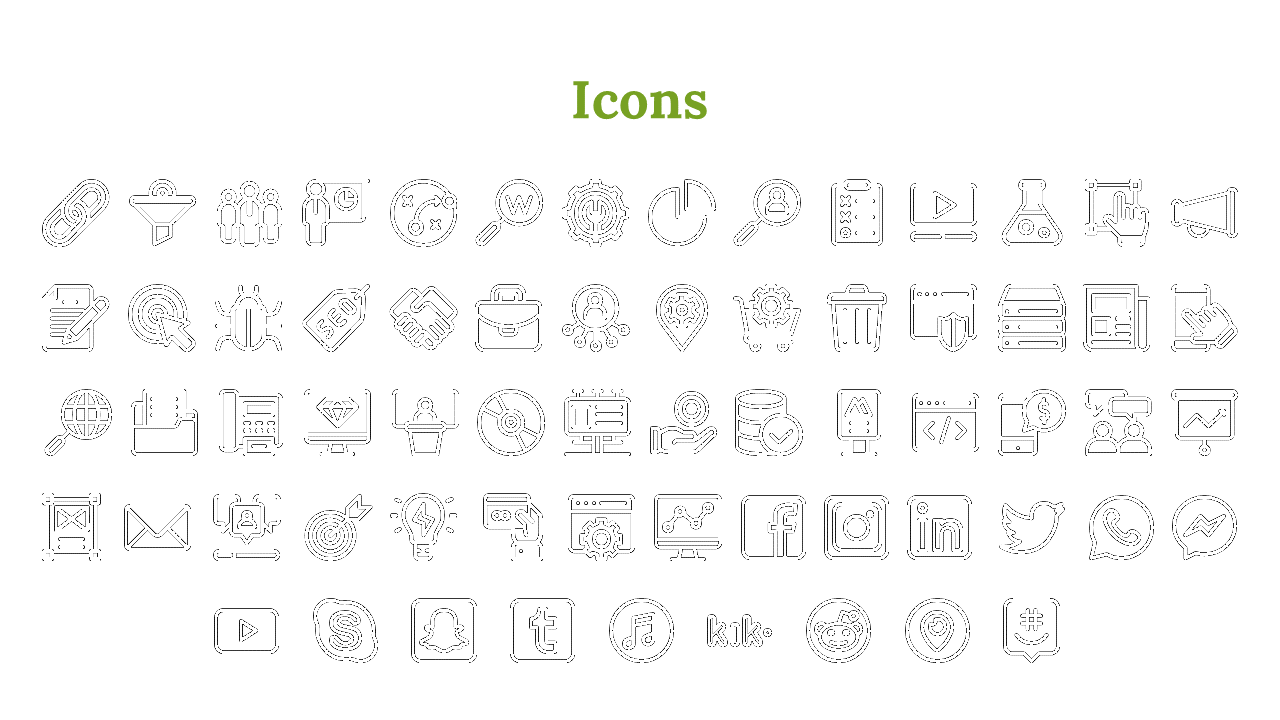 A collection of various icons for PPT, including symbols for communication, technology, social media, and business tasks.