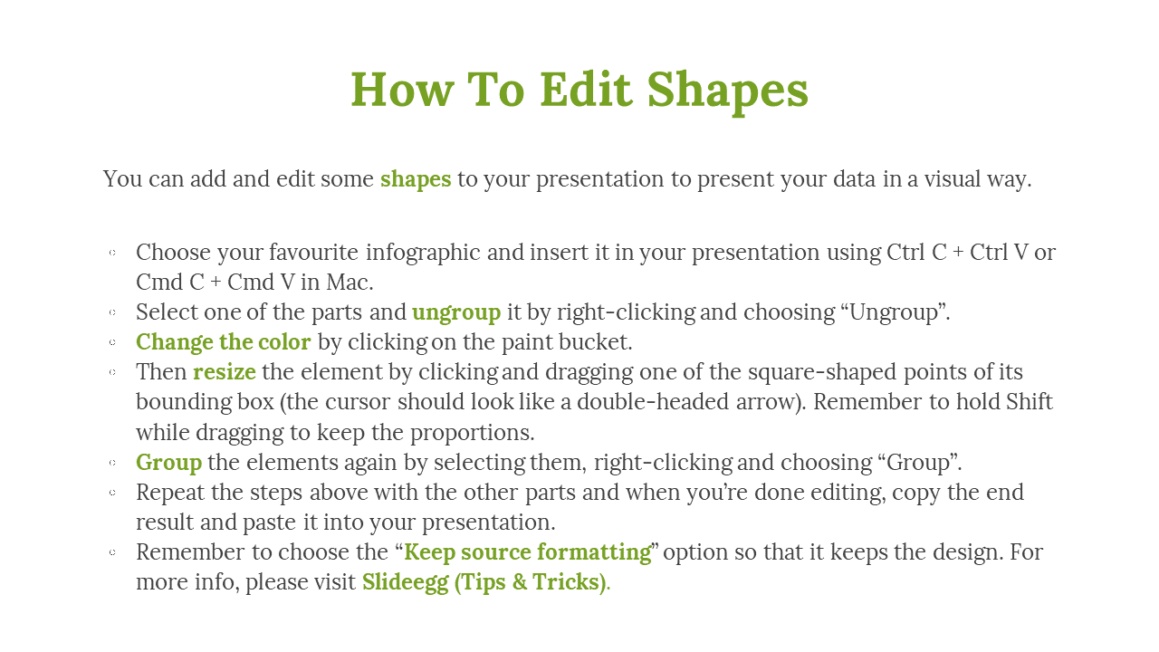 Instructions on how to edit shapes in PowerPoint, with steps for ungrouping, resizing, and recoloring elements.