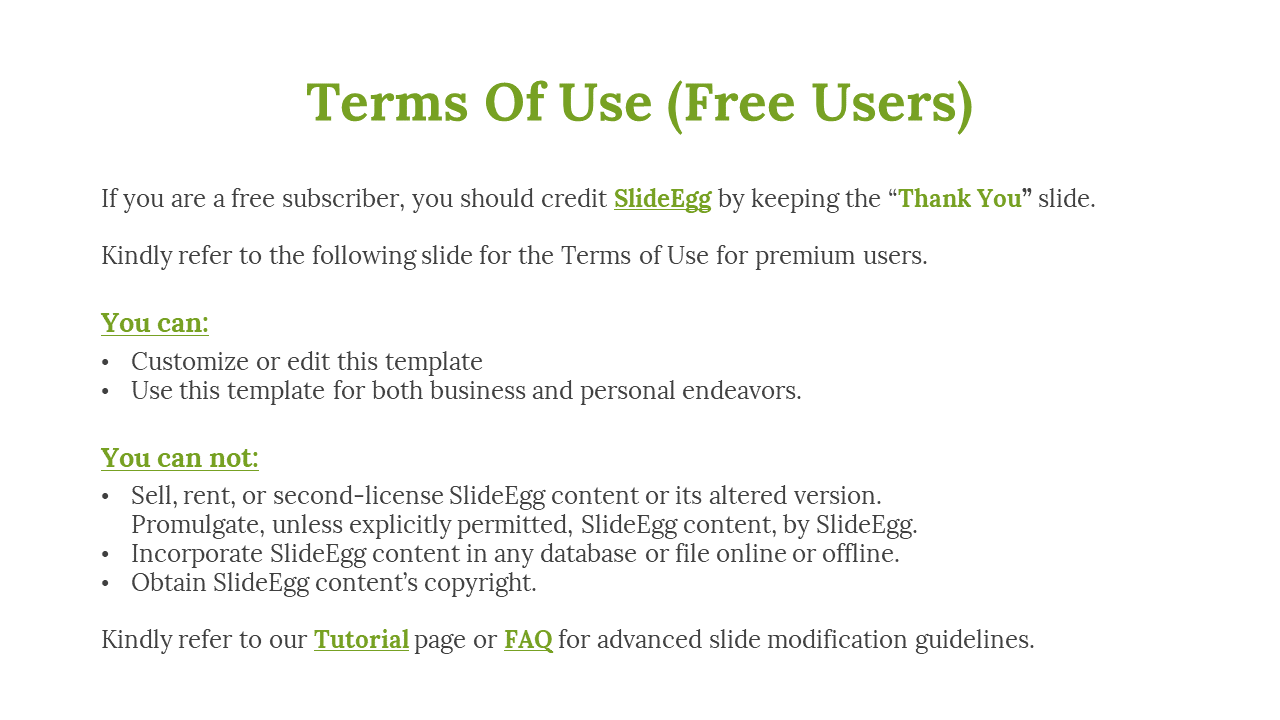 Terms of use for free users of SlideEgg, including customization guidelines and restrictions on a white backdrop.
