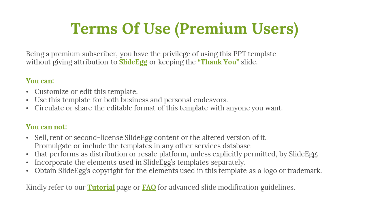 SlideEgg premium subscription guidelines for customization, distribution, and restrictions on a white backdrop.