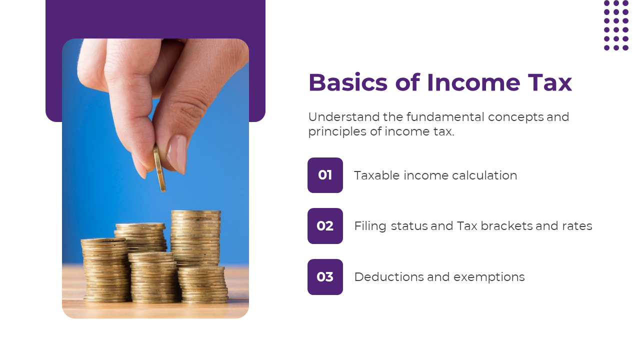 A hand placing a coin on a stack, illustrating the basics of income tax, with points about taxable income calculation.