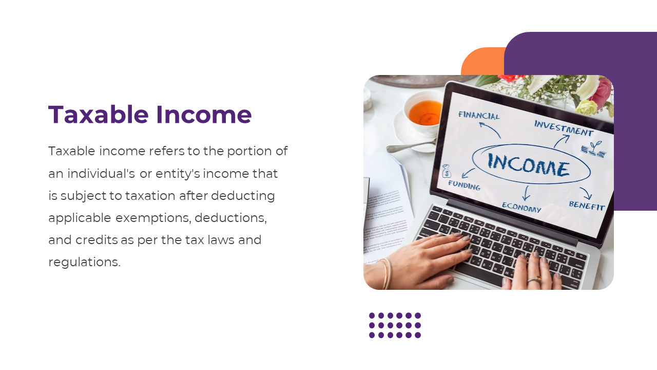 A laptop displaying a diagram of taxable income, surrounded by keywords on a white backdrop. 