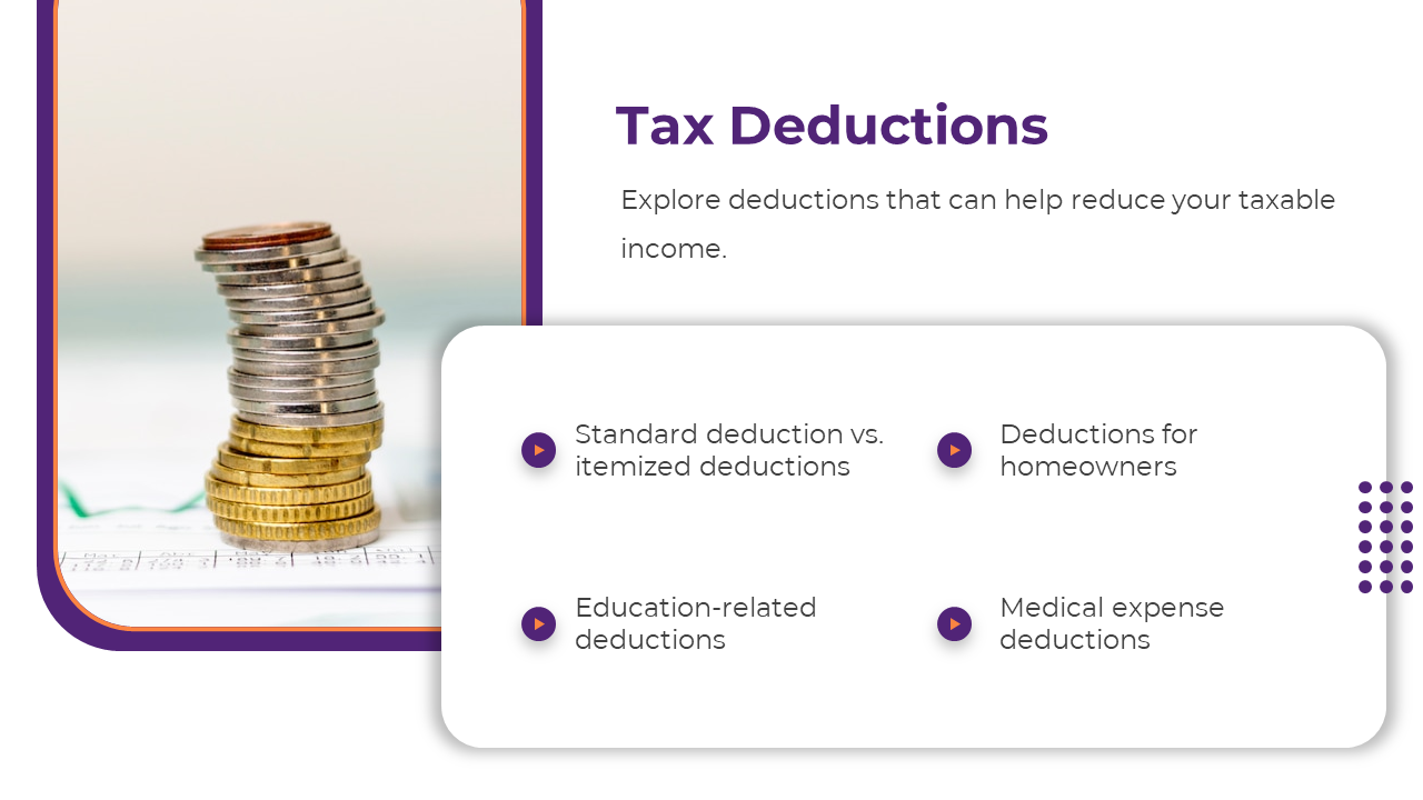 A close up of coins stacked beside tax documents, with text discussing various tax deductions on a white backdrop. 