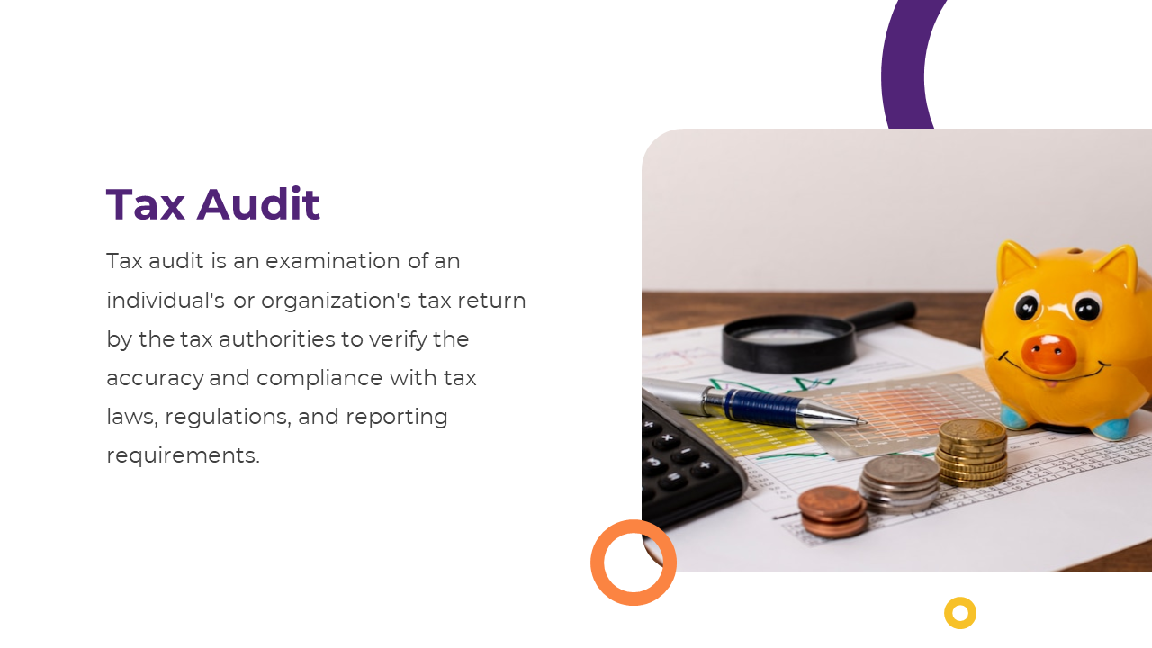 A close up of a piggy bank, coins, and a magnifying glass on tax documents, on a white backdrop. 