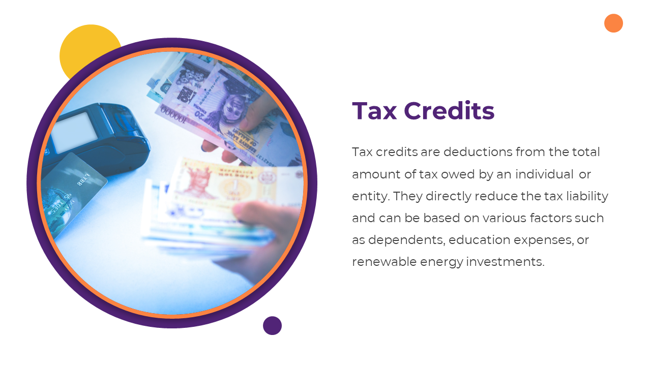 A hand holding a stack of international currency bills beside a card reader symbolizes tax credits and deductions.